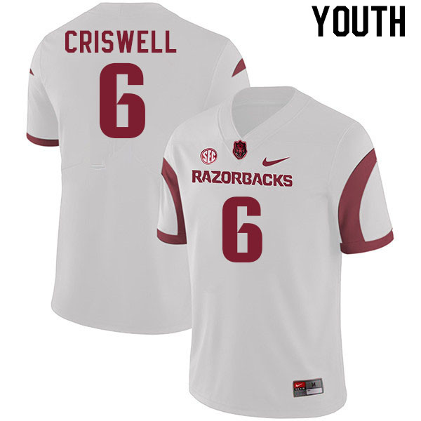 Youth #6 Jacolby Criswell Arkansas Razorback College Football Jerseys Stitched Sale-White